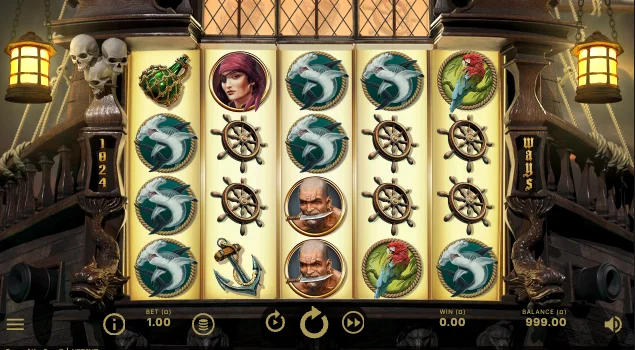 Rage of the Seas mobile gameplay showing pirate ship reels with captain and hammerhead shark symbols