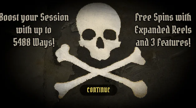 Rage of the Seas free spins splash screen showing skull and crossbones with 5488 ways to win